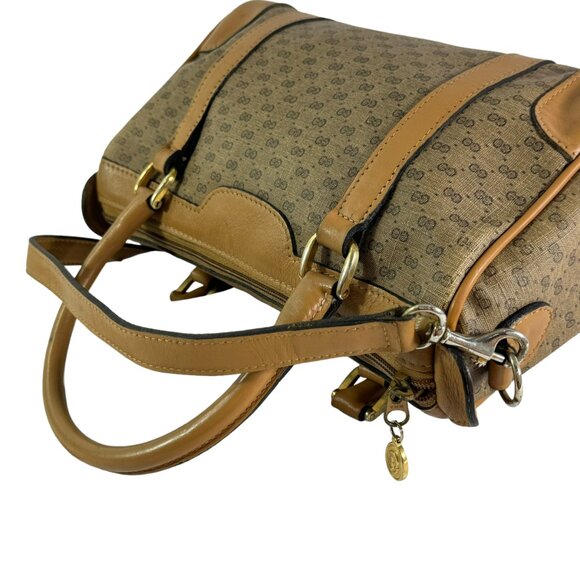 70's GUCCI Beige Canvas Tan Leather Micro GG Monogram Satchel Made in Italy - Picture 14 of 15